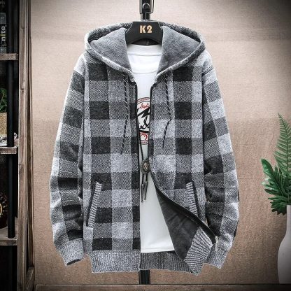 Plaid Printed Hooded Sweater Jacket