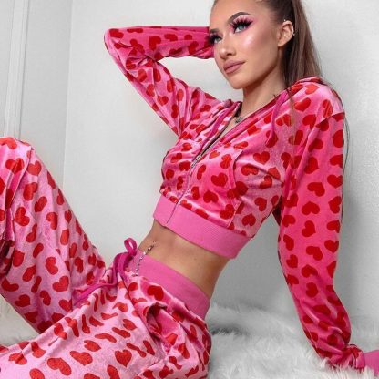 Heart Printed Cropped Hoodie Set - Image 3