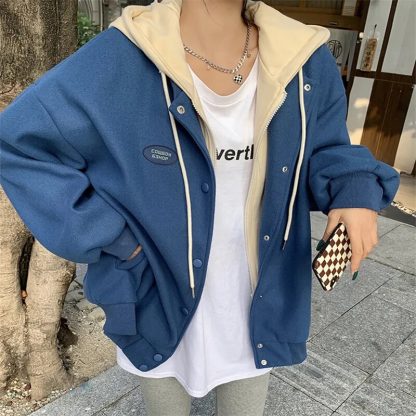 Preppy Style Loose Hooded Sweatshirt - Image 2