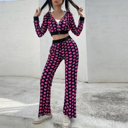 Heart Printed Cropped Hoodie Set - Image 6